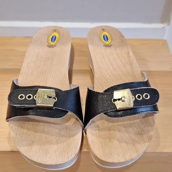 Nearly new vtg Dr Scholls original Black Leather Wood sz 7 - Picture 2 of 12